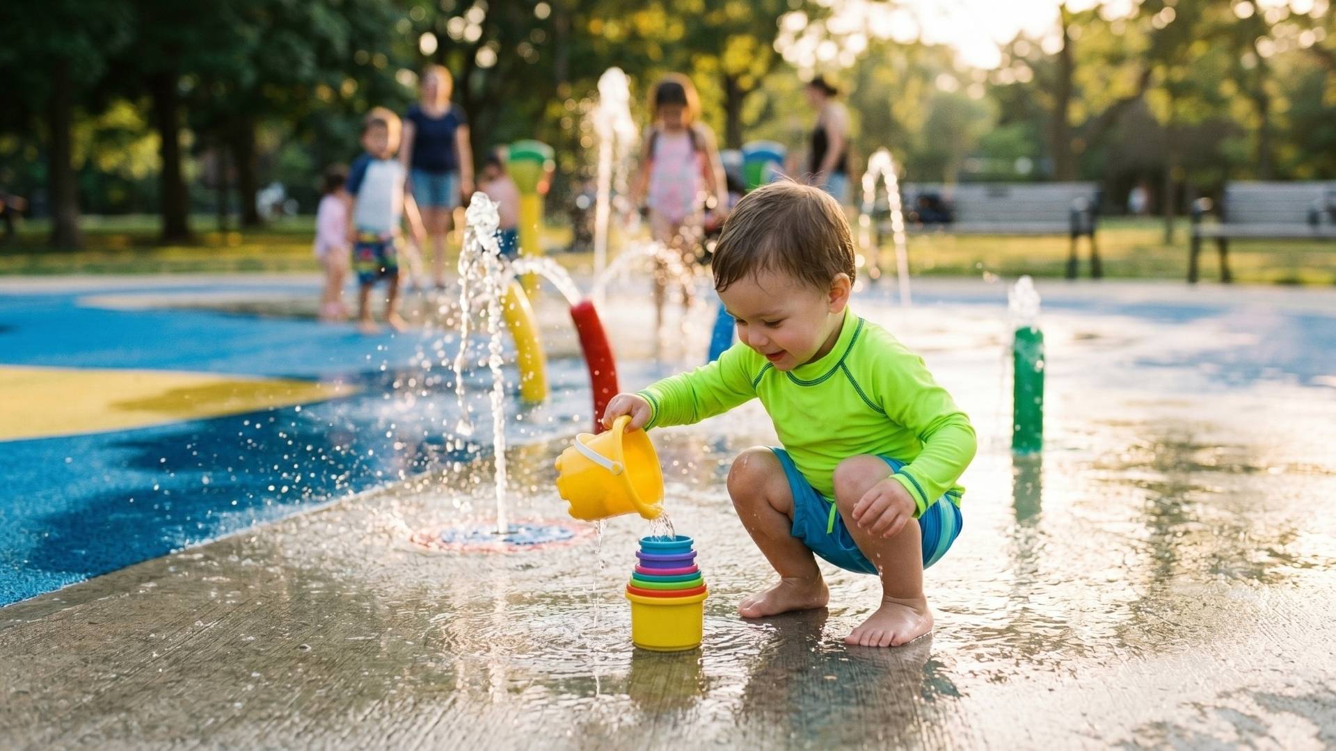 toddler in a bright neon rash guard squatting on a splash pad with a small plastic bucket and stacking cups