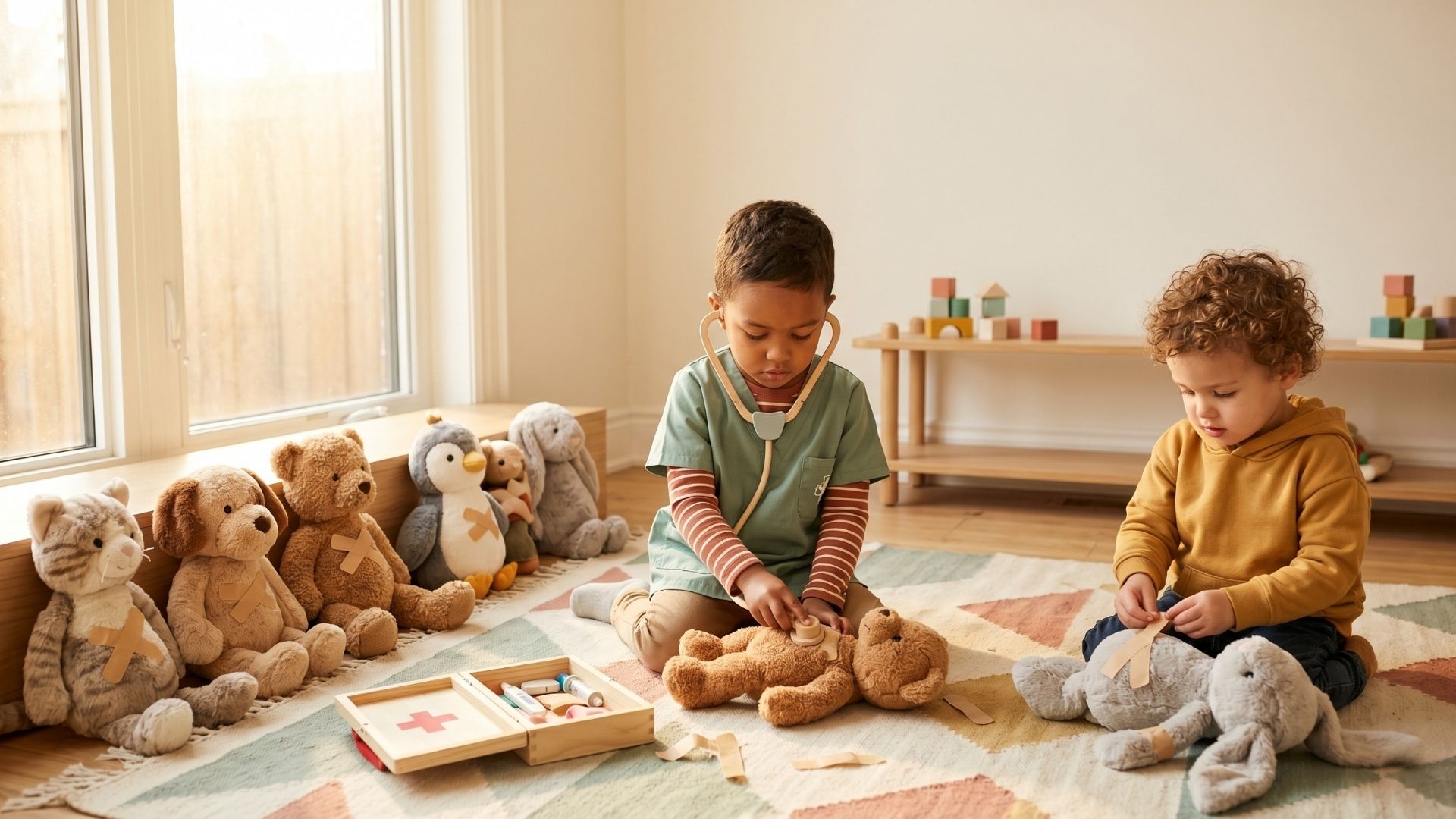 Two preschoolers ages 4 and 5 in a vet-clinic pretend setup with stuffed animals, a doctor kit, masking tape bandages, and one kid using a stethoscope on a teddy bear.