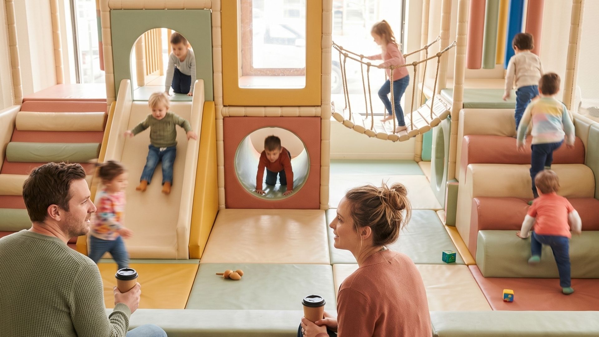 An indoor soft-play centre with a colourful padded climbing structure and kids in motion, two parents on a bench in the foreground with coffees