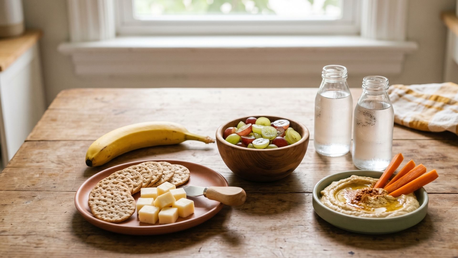 A simple playdate snack spread on a wooden table with halved grapes, cheese and crackers, hummus, carrot sticks, and water bottles.
