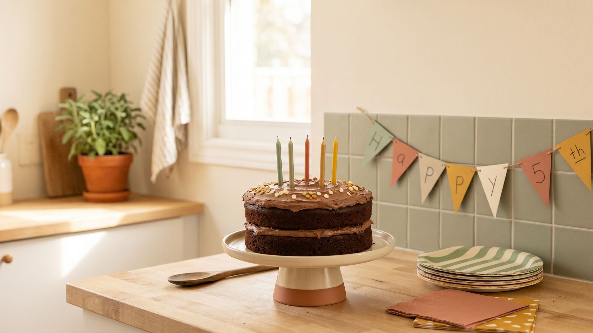 A kitchen counter set for a 5-year-old's birthday with a homemade two-layer chocolate cake, five candles, a paper banner saying Happy 5th, and a stack of paper plates.