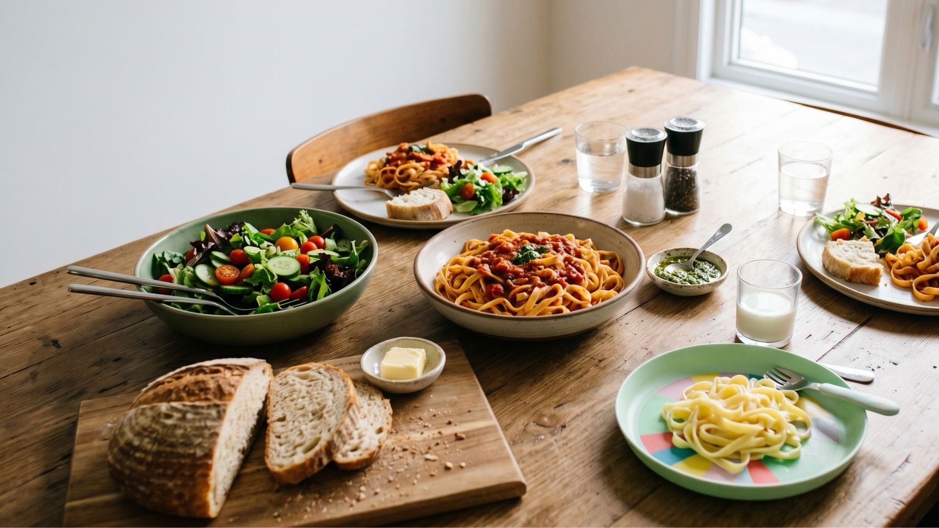 A family dinner table mid-meal with a bowl of pasta, a smaller dish of garlic-and-basil topping, a salad bowl, bread, and two adult plates with full versions plus one kid plate with the plain version.