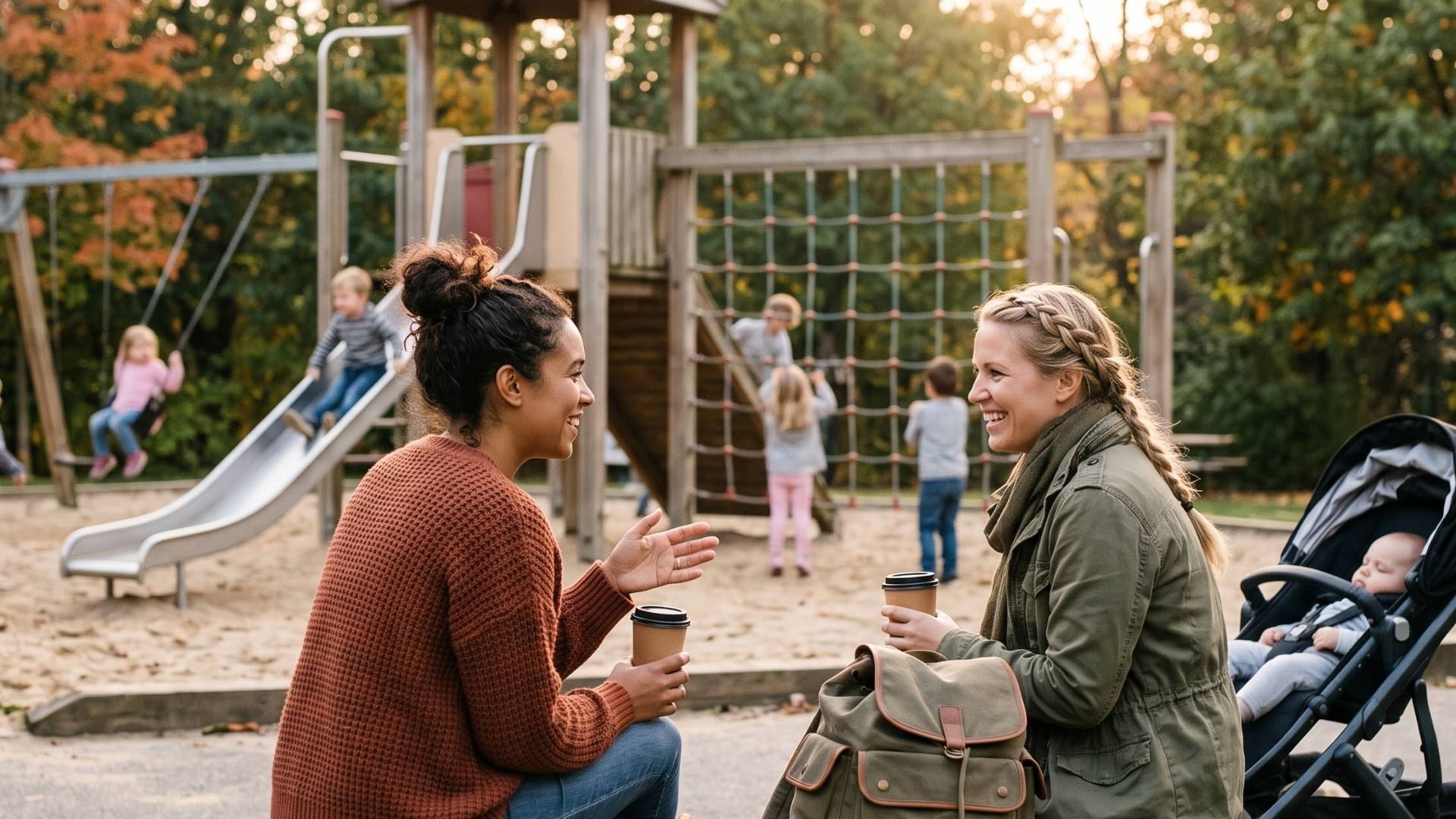 Two parents on a park bench with takeaway coffees mid-conversation, a stroller and backpack beside them, kids playing in soft focus on a playground in the middle distance.