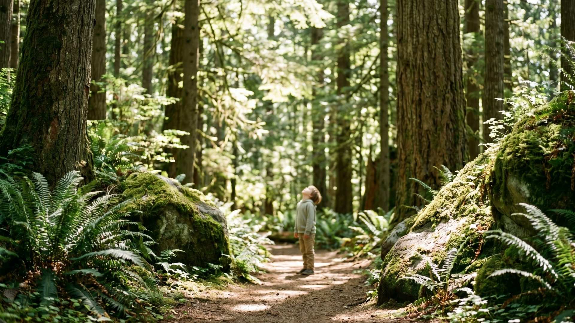A sun-filtered forest path with mossy rocks and ferns on either side, late morning, a small kid's silhouette in the middle distance looking up at the canopy