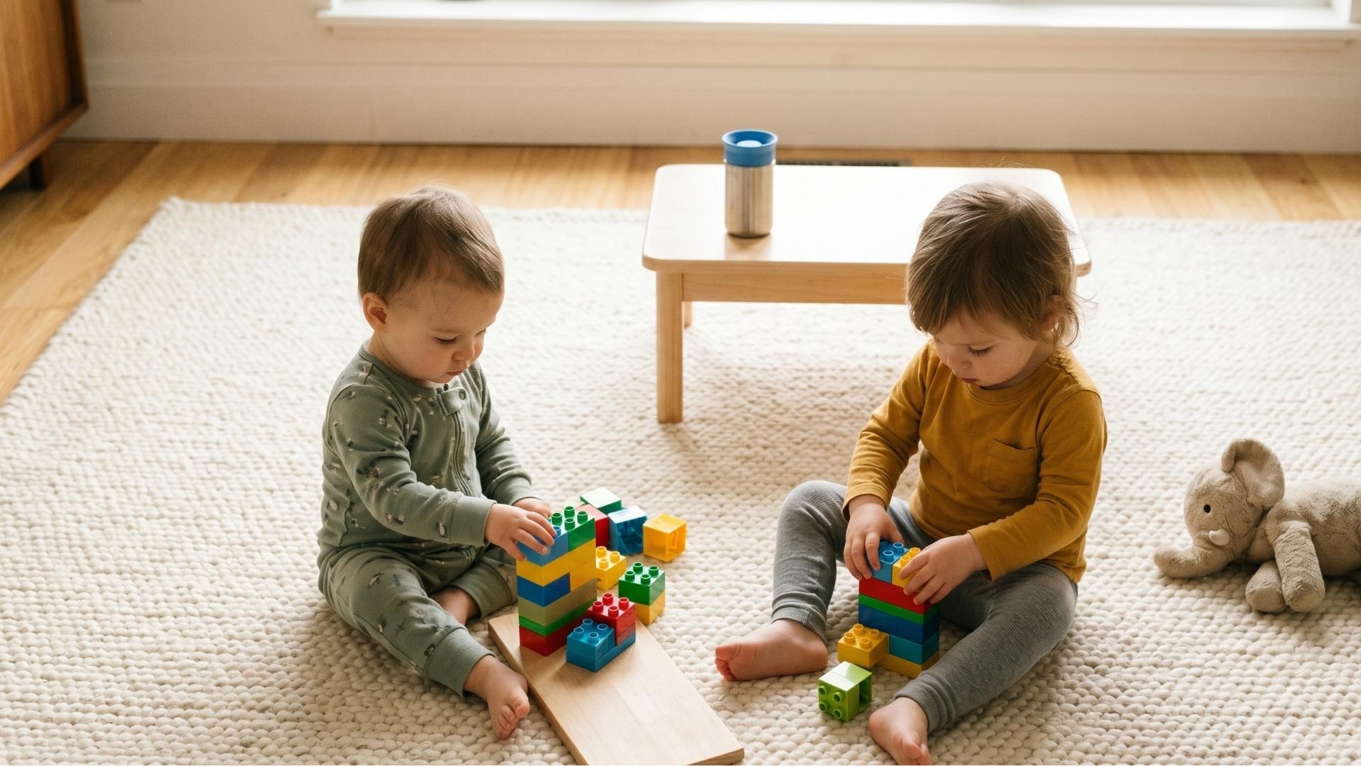 Two toddlers about 18 and 24 months sitting side by side on a soft rug, each playing with their own duplo blocks, a water cup and stuffed animal nearby.