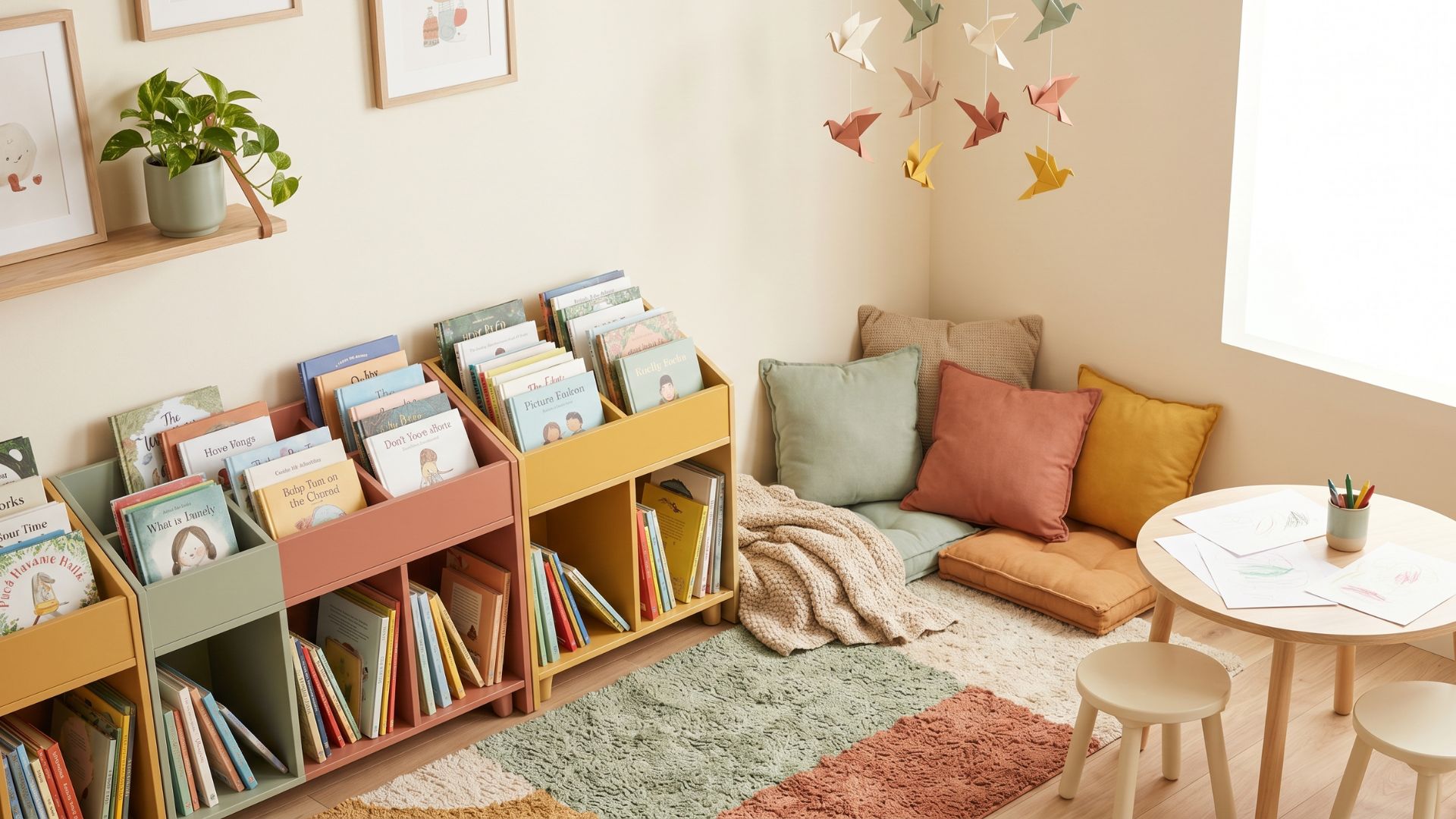 A modern children's library section with low colourful shelving of picture books, a soft reading nook with floor cushions, a hanging mobile of paper birds, and a small wooden craft table.