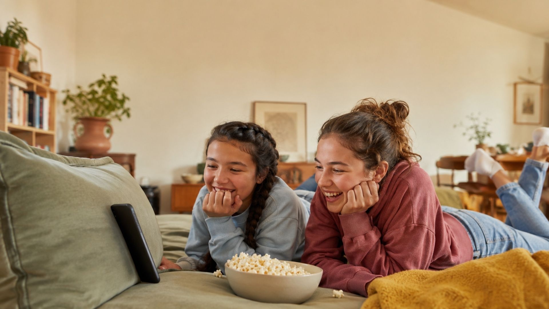 Two tweens about ages 11 and 12 lying on a living-room couch with a bowl of popcorn between them, both looking at a single phone propped against a cushion and half-laughing.