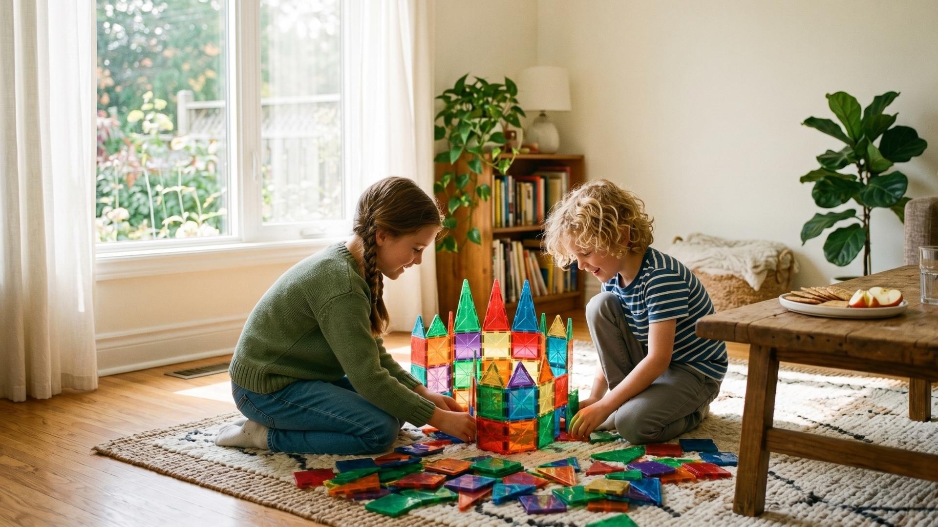 Two kids on a sunny rug building with magnatiles, no screens visible, with a bowl of snacks nearby.