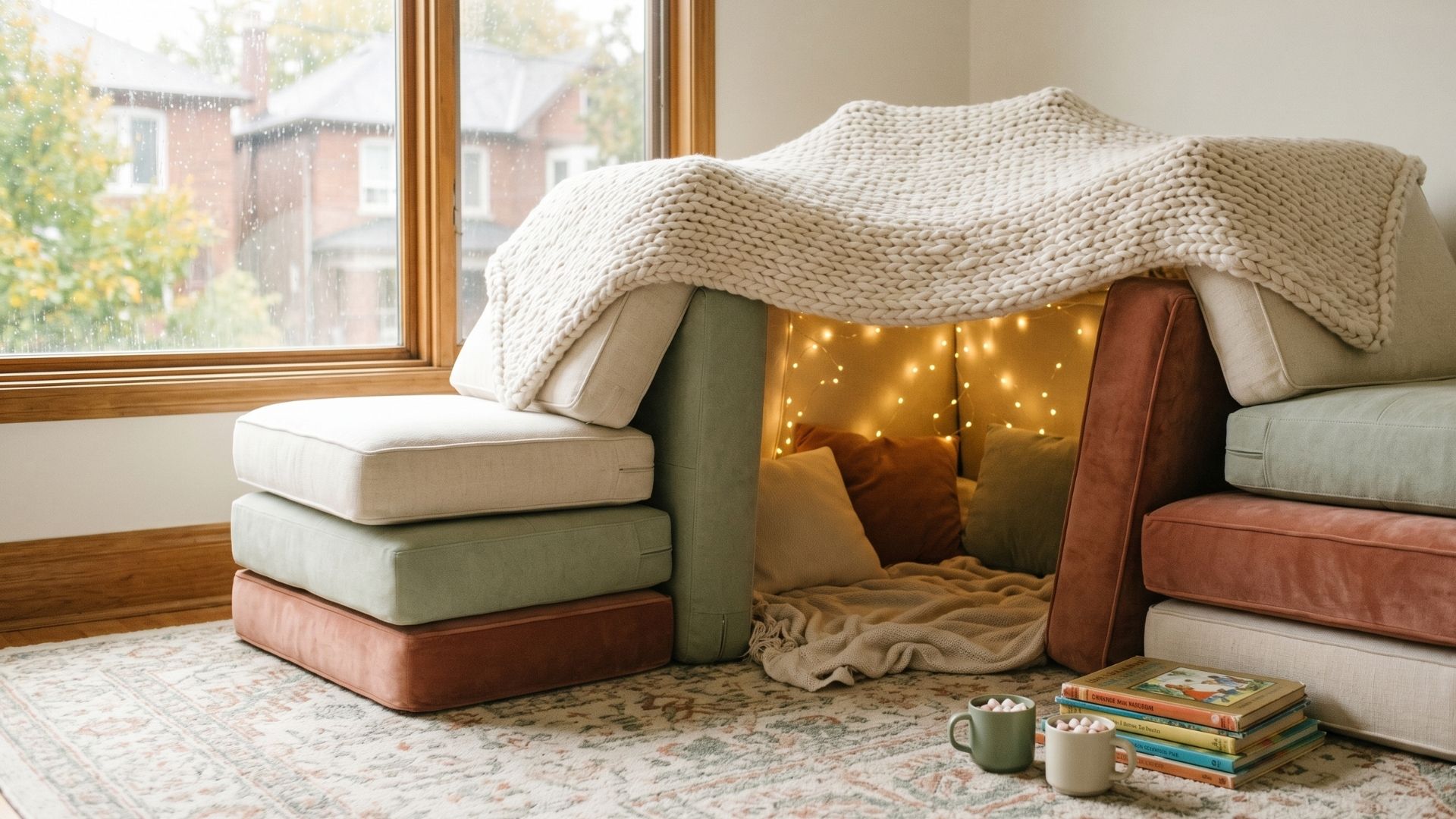 A cosy indoor fort built from couch cushions and a blanket, with fairy lights, picture books, and two mugs of cocoa, ready for a rainy day playdate.