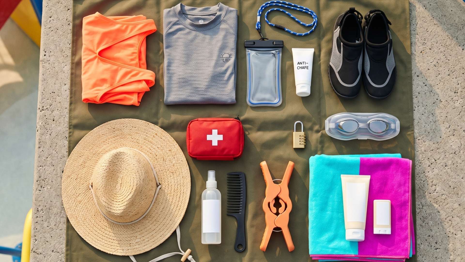 Master waterpark packing kit flat-lay: neon swimsuit, rash guard, waterproof phone pouch, anti-chafe balm, fitted water shoes, tinted goggles, sun hat, first-aid kit, hair detangler, chair clips, neon towels, mineral sunscreen, locker lock.