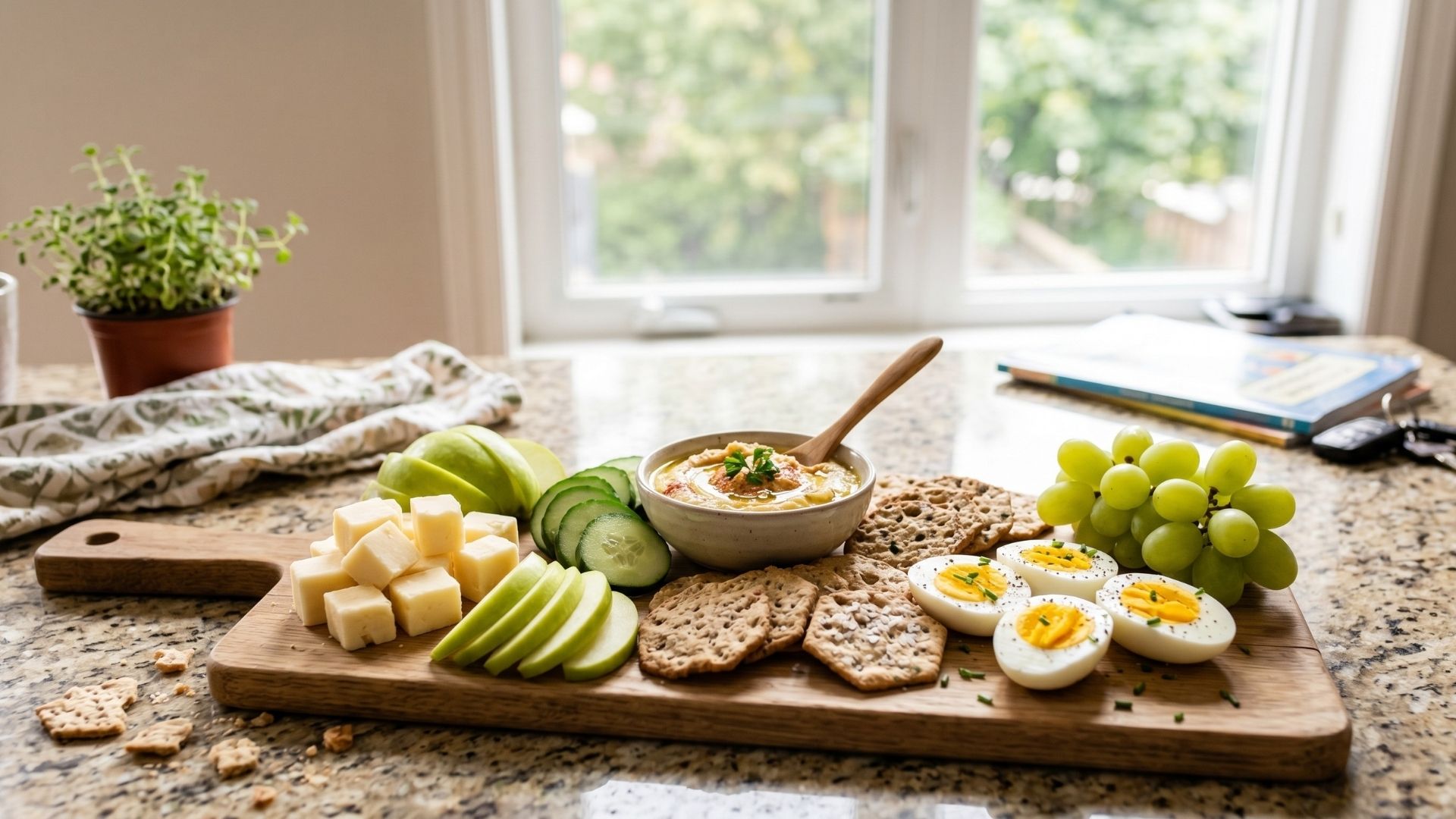 A kitchen counter with a snack platter of cheese cubes, sliced apples, cucumber rounds, hummus, crackers, hard-boiled egg halves, and grapes