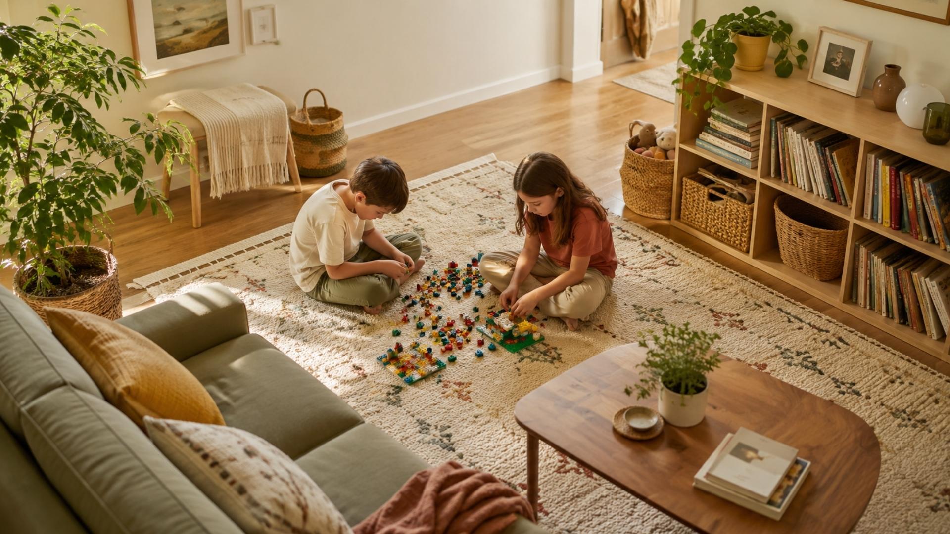 A small apartment living room with a thick rug in the centre, a coffee table on it, and two kids ages 5 and 7 cross-legged on the rug deep in a LEGO build.