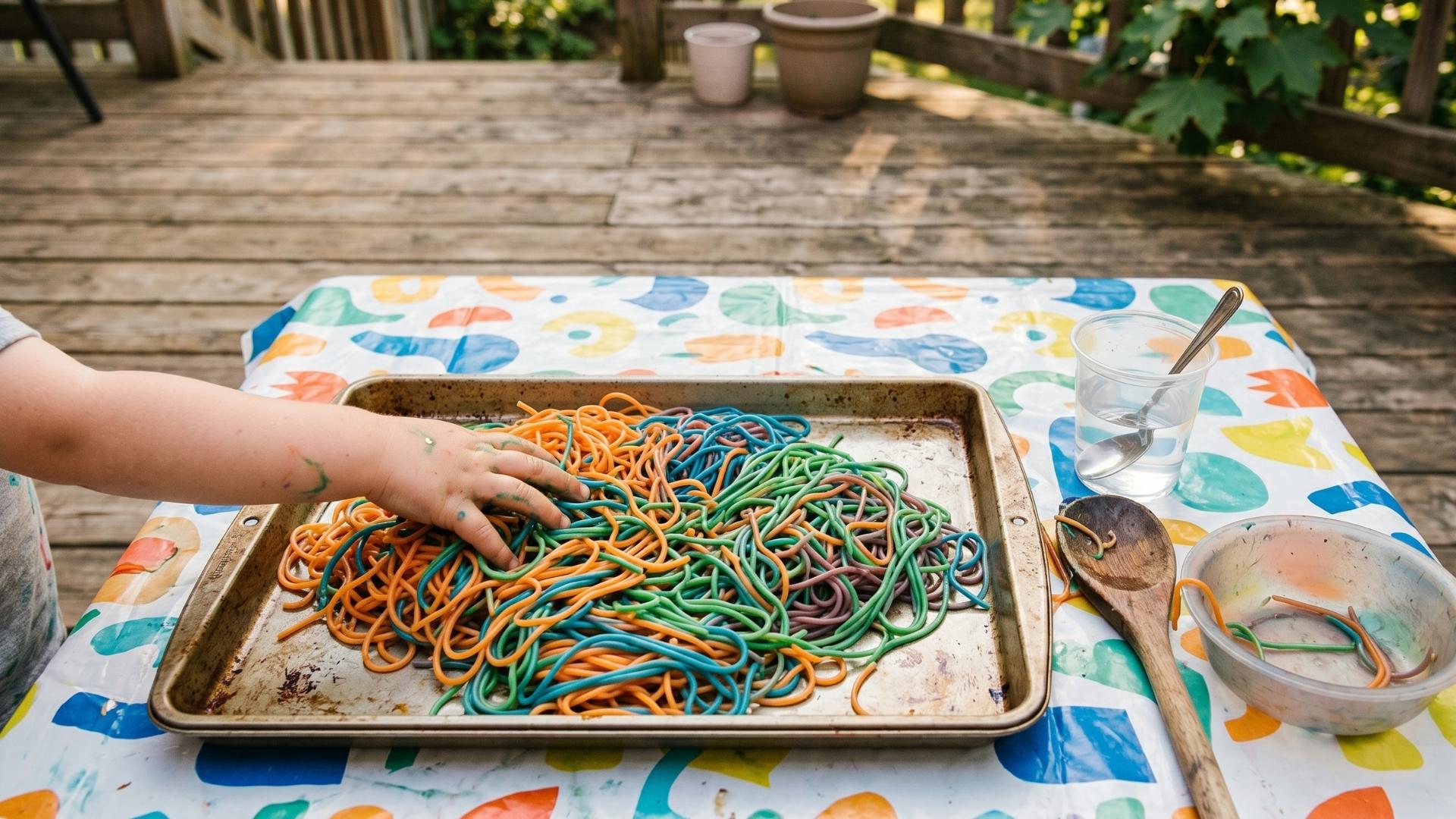 A wood patio with a plastic tablecloth, a large baking tray of cooked coloured spaghetti, a small kid's hand reaching into the tray, a cup of water and wooden spoon nearby.